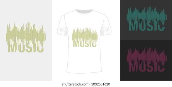 Music typography t shirt vector art, cover design, logo concept for t shirt, white, black, Silhouette, music wave. Place for text.
