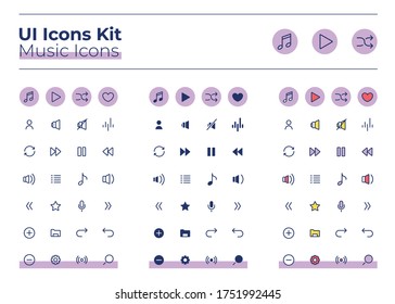 Kit für Musik-UI-Symbole. Audio-Player dünne Linie, Glyphe und Farbe Vektorsymbol gesetzt. Mute und wiederhole den Klang. Multimedia-mobile App-Buttons in violetten Kreisen Paket. Kollektion von Webdesign-Elementen