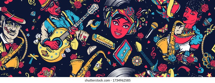 Music unites people. Jazz, funk, blues, soul. Musicians lifestyle. African American funky girl, bluesman playing slide guitar, Beautiful black woman and saxophone. Multicultural musical pattern 