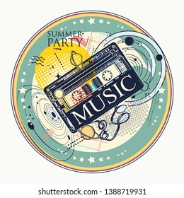 Music in universe. Audio type and solar system. Zine culture style.  Symbol of summer party, 80th and 90th, disco, retro wave. Hand drawn vector art, musical contemporary collage 