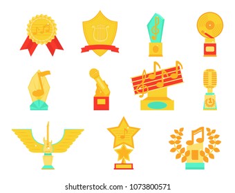 Music vector award statuette microphone and notes entertainment winner top artist achievement musicnote prize illustration