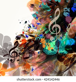 Music vector background from colorful ink spots floral brochure 