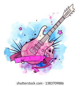 Music vector background with electric guitar, skull and watercolor texture