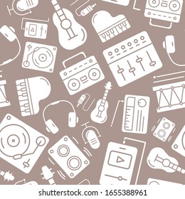 Music - Vector background (seamless pattern) of silhouettes sound equipment for graphic design