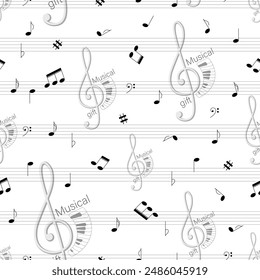 Music vector background. Treble clef, notes and staff on a white background. Seamless pattern. Design for packaging a musical gift, textiles, holiday party decoration, concert program. 