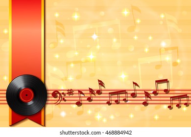 Music vector background with vinyl records, notes and red ribbon.
