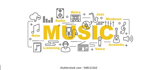 Music Vector Banner Design Concept, Flat Style With Thin Line Art Icons On White Background
