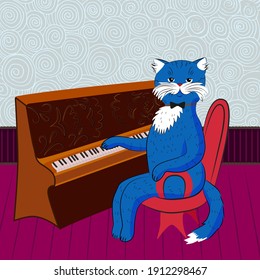 Music, vector, cat pianist. The cat is sitting at the piano. The cat is a musician. Musical education.