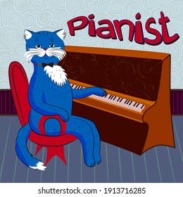 Music, vector, cat pianist. The cat is sitting at the piano. The cat is a musician. Musical education.