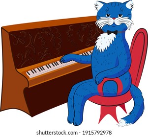 Music, vector, cat pianist. The cat is sitting at the piano. The cat is a musician. Musical education.