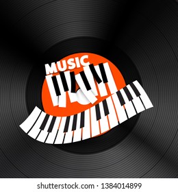 Music Vector CD Cover Design. Piano Keyboards on Vinyl Record Lp Disc Background.