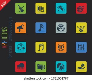 music vector color web icons on dark background for user interface design