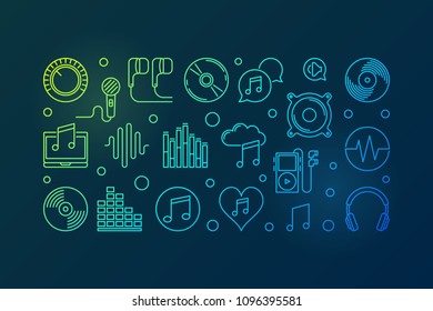 Music vector colored outline horizontal illustration or banner on dark background