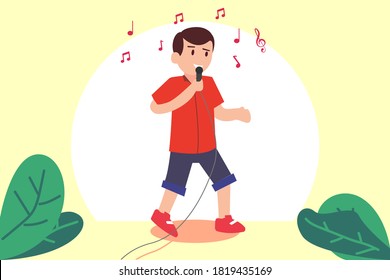 Kinder singen Vektorkonzept: Junge singt ein Lied mit Mikrofon