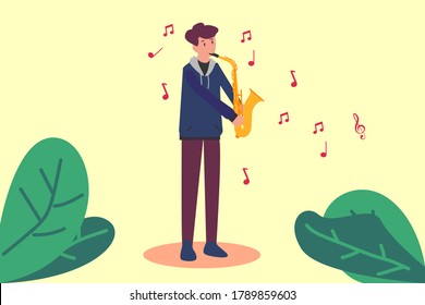 Music vector concept: man playing saxophone instrument 