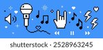 Music vector concept in pixel art. Festival background. Trendy Y2k retro sticker set. Playful pixel shape. Player, melody, song, heart. Rock hand icon. Fans, music notes, cool. Mood of 90