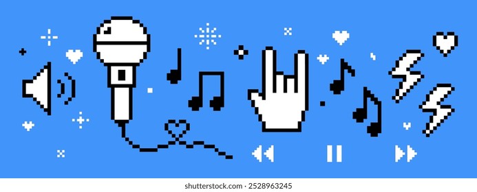 Music vector concept in pixel art. Festival background. Trendy Y2k retro sticker set. Playful pixel shape. Player, melody, song, heart. Rock hand icon. Fans, music notes, cool. Mood of 90's aesthetics