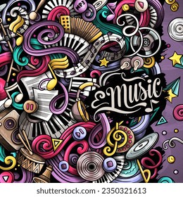 Music vector doodles illustration. Musical frame design. Sound elements and objects cartoon background. Bright colors funny picture. All items are separated