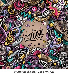 Music vector doodles illustration. Musical frame design. Sound elements and objects cartoon background. Bright colors funny picture. All items are separated