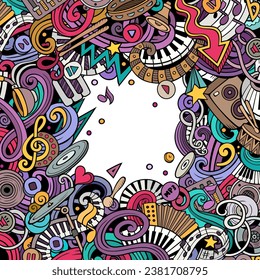 Music vector doodles illustration. Musical frame design. Sound elements and objects cartoon background. Bright colors funny picture. All items are separated. NOT AI