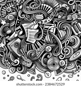 Music vector doodles illustration. Musical frame design. Sound elements and objects cartoon background. Monochrome funny picture. All items are separated