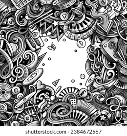 Music vector doodles illustration. Musical frame design. Sound elements and objects cartoon background. Monochrome funny picture. All items are separated