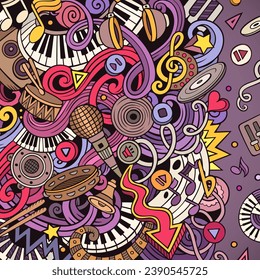 Music vector doodles illustration. Musical frame design. Sound elements and objects cartoon background. Bright colors funny picture. All items are separated