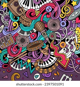 Music vector doodles illustration. Musical frame design. Sound elements and objects cartoon background. Bright colors funny picture. All items are separated