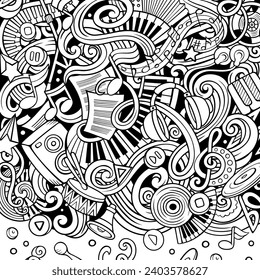 Music vector doodles illustration. Musical frame design. Sound elements and objects cartoon background. Sketchy funny picture. All items are separated