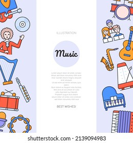 Music - vector flat design style banner with copy space for text. Passion for art, instruments, singing, different genres. Acoustic and electronic sound. Favorite tunes, jazz, classical, rock, folk