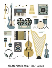 Music, vector flat illustration, icon set, poster with musical instruments, white background. Trumpet, electric guitar, xylophone, reel tape recorder, drum, radio, accordion, bass, headphones, violin