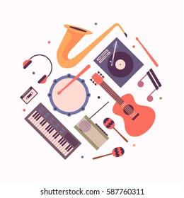 Music, vector flat illustration, icon set, background. Musical instruments. Trumpet, dj mixer, note, guitar, drum, maracas, radio, cassette, headphones