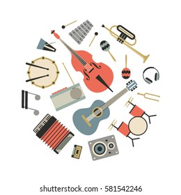 Music, vector flat illustration of musical instruments, icon se, white background. Drum, bass, xylophone, maracas, trumpet, headphones, percussion, guitar, radio, dynamic, accordion, cassette, note