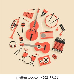 Music, vector flat illustration of musical instruments, icon se, white background. Drum, bass, xylophone, maracas, trumpet, headphones, percussion, guitar, radio, dynamic, accordion, cassette, note