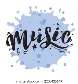 Música. grabado de mano vectorial. Letras negras con notas, líneas de estrellas y círculos sobre el fondo del manto de color azul. Ilustración digital para festivales musicales tarjetas banners afiches redes de sitios de afiches.