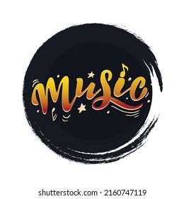 Music. vector hand lettering. Yellow letters with notes stars lines and circles on the dark vinyl disc. Digital illustration for musical festivals cards banners posters sites networks. 