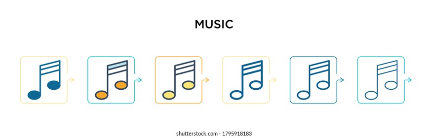 Icono vector musical en 6 estilos modernos diferentes. Iconos de música negros, de dos colores diseñados en el estilo relleno, contorno, línea y trazo. La ilustración vectorial se puede usar para web, móvil, ui