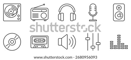 Music vector icon set. Black line art of turntable, radio, headphones, microphone, speaker, CD, cassette, volume, mixer sliders, and equalizer. Audio and media symbols for apps, web, or studio design.