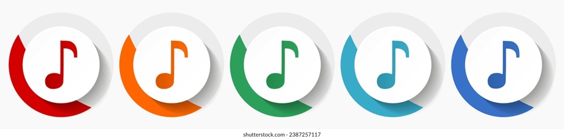 Music vector icon set, flat design colorful round icons in 5 color options for webdesign and mobile applications