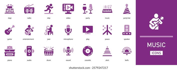 Music vector icon set. with   jazz, drum, video, guitar,  radio, piano and more icons filled collection 