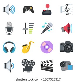 Music vector icon set with volume, sound, game stick, microphone, speaker, headset, saxophone, cassette, camera, video. Game vector illustration. Music vector illustration.