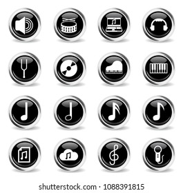 music vector icons - black round chrome buttons