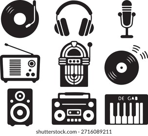 Music vector icons include vinyl record, headphones, microphone, radio, jukebox, speakers, and keyboard. This detailed silhouette set is perfect for music themed designs, audio illustrations, and entertainment concepts. Ideal for use in promotional materials, educational resources, and event graphics featuring sound equipment and audio technology.