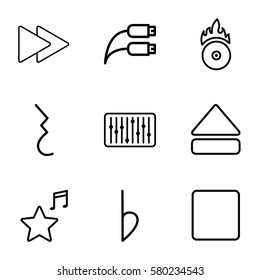 Music vector icons. Set of 9 Music outline icons such as stop, eject button, fast forward, slider, favorite music, CD fire, bemol, pause