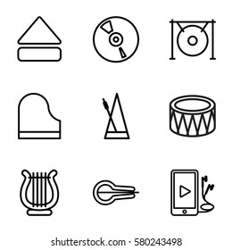 Music vector icons. Set of 9 Music outline icons such as musical instrument, CD, eject button, piano, drum, gong, phone and earphones, metronome