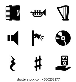Music vector icons. Set of 9 Music filled icons such as megaphone, CD, harp, harmonic, mp3 player on hand, musical sharp, pause