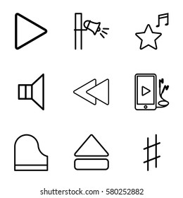Music vector icons. Set of 9 Music outline icons such as megaphone, play, eject button, play back, piano, phone and earphones, favorite music