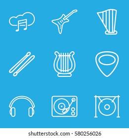Music vector icons. Set of 9 Music outline icons such as gramophone, guitar mediator, harp, guitar, gong, drum stick, music cloud