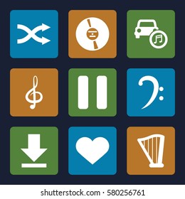 Music vector icons. Set of 9 Music filled icons such as treble clef, bass clef, CD, pause, harp, car music, download, shuffle