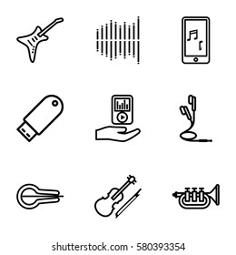 Music vector icons. Set of 9 Music outline icons such as musical instrument, flash drive, guitar, violin, mobile phone music, mp3 player on hand, equalizer, earphones
